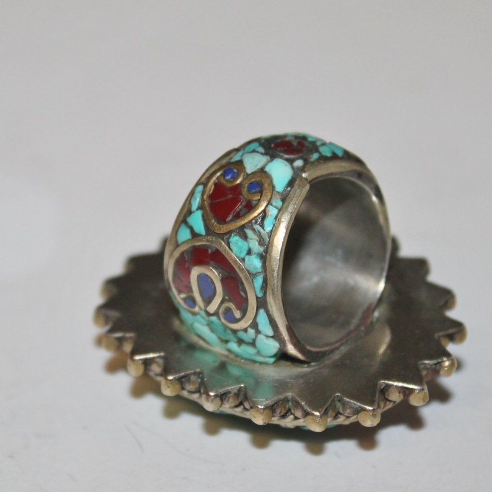 Heavy 925 Zuni Navajo Spiny Oyster Coral Turquoise Cinnabar Native American Ring - Picture 6 of 12